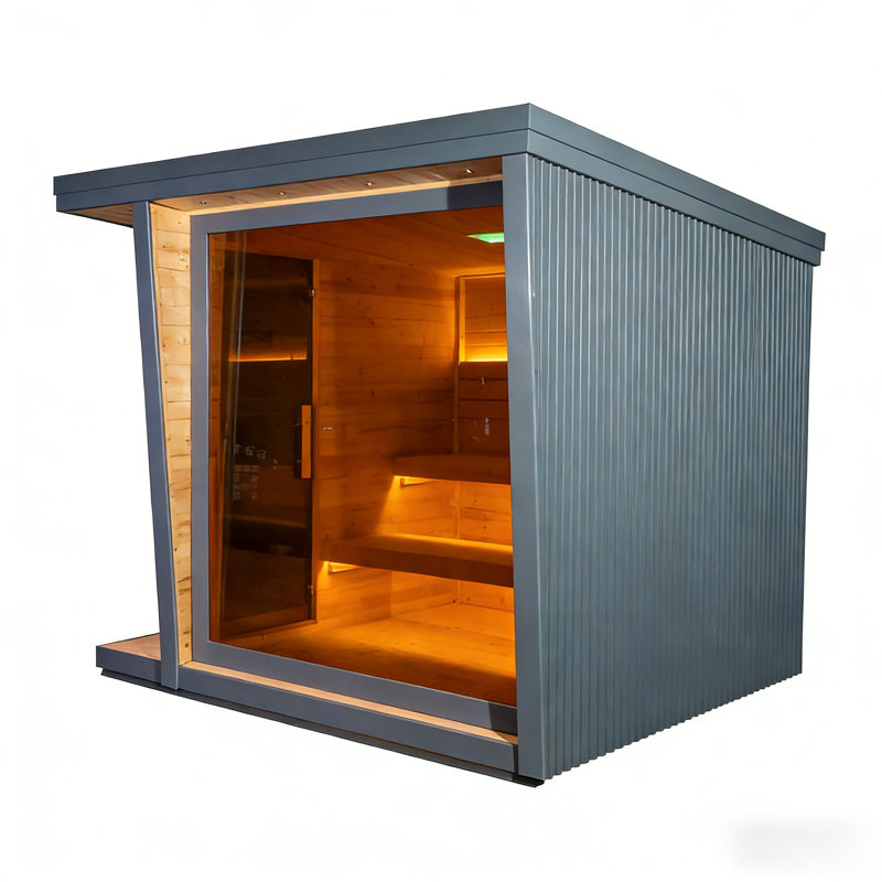 6-Person Traditional Steam Sauna For Outdoor Use, Carbonized Spruce Wood Cabin With Tinted Glass Door, Square Roof And All-Side Aluminum Tile Cladding