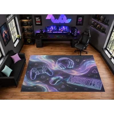 Tapis d'intérieur ultra-léger de 200 x 300 cm (6'7" x 9'10") à motif vagues pastel, idéal pour la décoration d'une salle de jeux. Doux et à poils courts, avec envers antidérapant en silicone. Couleur violet et bleu.