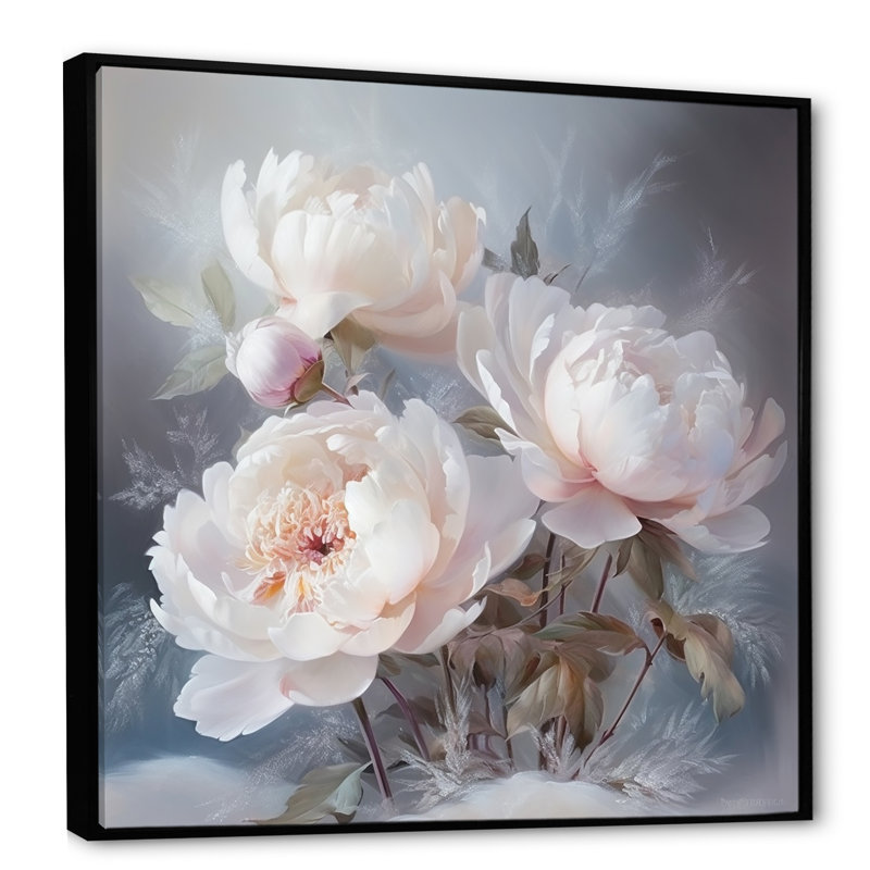 " Chic Peonies Winter Charm ", 36" H x 36" W, Black Floater Framed