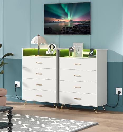 Grande commode à 4 tiroirs avec lumières RVB et station de charge, commode à musique contrôlée par application, Blanc
