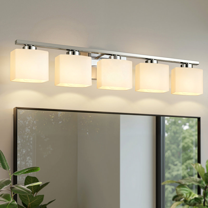 Modern 3-Light Vanity Fixture With Square Glass Shades, 5, Chrome