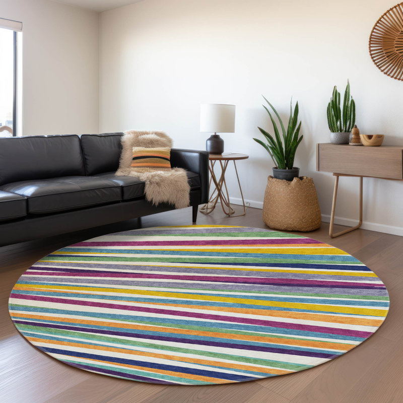 Premium Machine Washable Lyndhurst AMF997 Stripes Rug, Round 8'