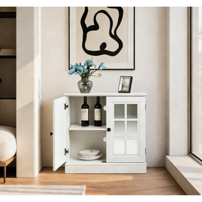 Rangement de salon avec 2 portes décoratives en miroir, tablette ajustable, poignées en métal, buffet de salle à manger à grain de bois 3D, à haute densité, noir, polyvalent, élégant, nécessitant peu d'entretien