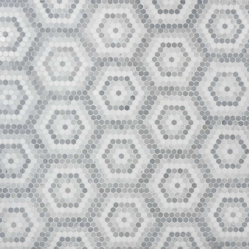 Juno Honeycomb 1" Hexagon Polished Marble Mosaic Tile, Gray/White