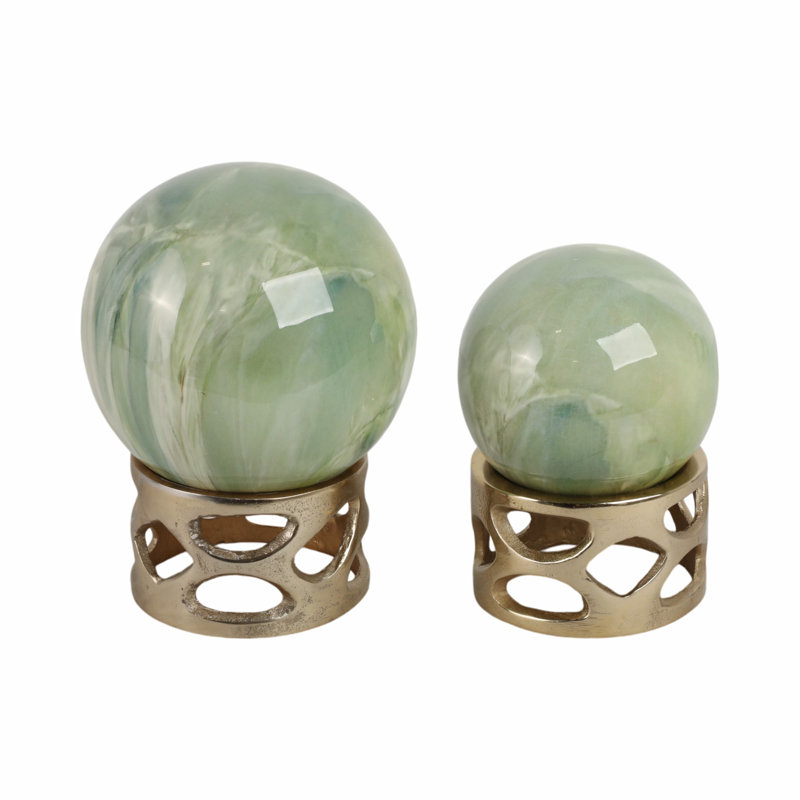 Set Of 2 7/8" Zakrzewski Marble Sphere Statuary, Green