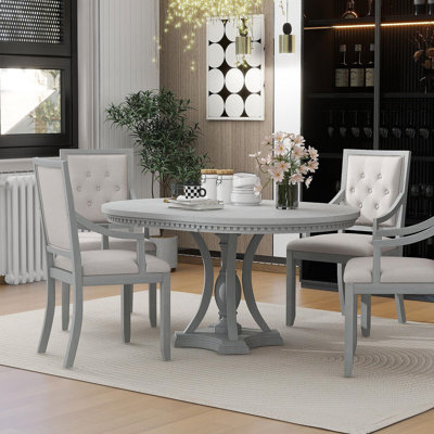 Retro 5-Piece Dining Set, Extendable Round Table & 4 Chairs, Antique Gray Oak