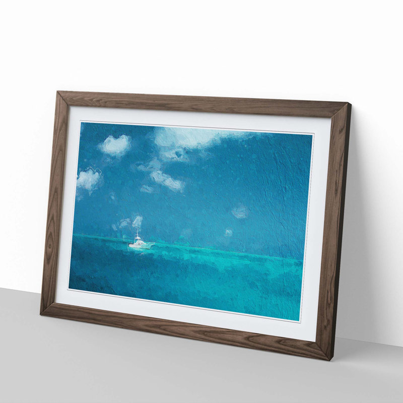 White Sailboat in the Open Ocean - Picture Frame Painting Print, Walnut Framed, 36cm H x 48cm W x 2cm D