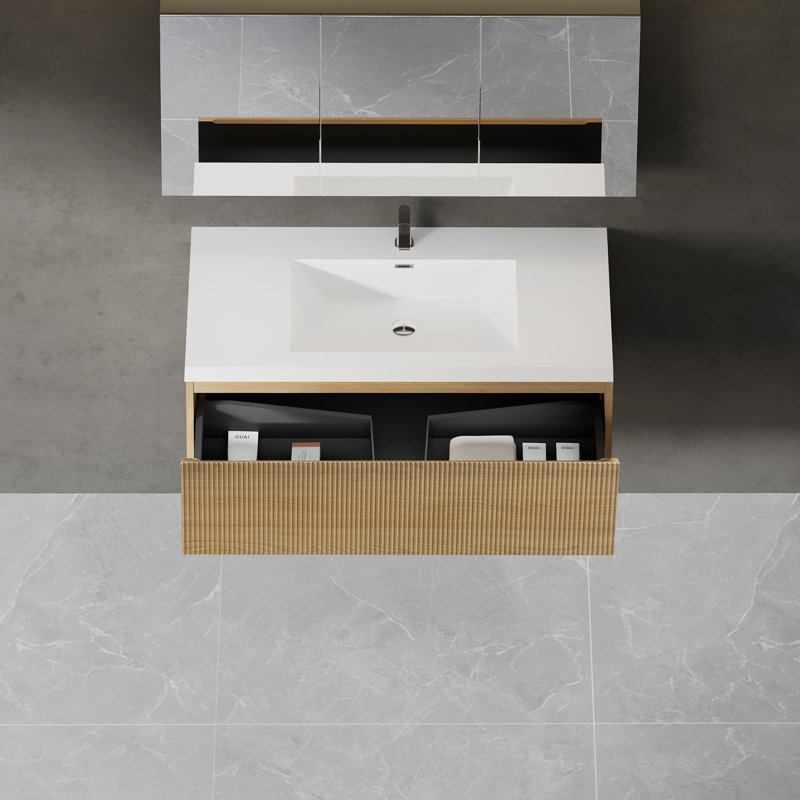Meuble-lavabo mural 42 po avec lavabo et tiroir Hovik, Bois de chêne naturel, Bois de chêne naturel