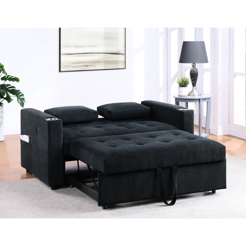 Canapé-lit convertible en velours côtelé noir de 57 po avec porte-gobelets et ports