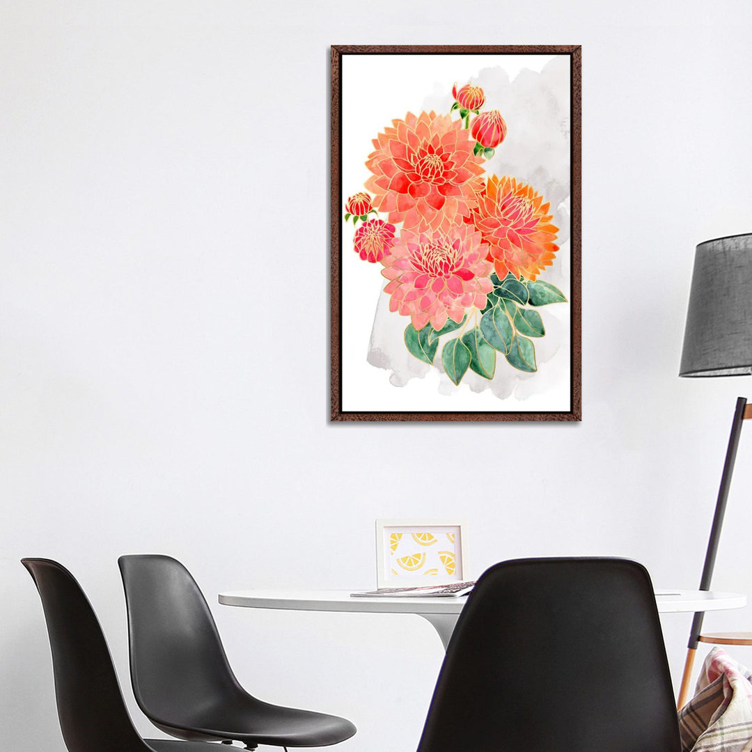 Pacey Dahlien Bouquet In Coral Watercolor von Blursbyai - Galerie-verpackt Leinwand Giclée auf Leinwand