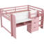 Lit mezzanine double pleine grandeur, rose, avec bureau intégré, bibliothèque, rangement sous le lit, tableau blanc, marqueur et coffre-fort rose avec armoires de rangement ouvertes intégrées