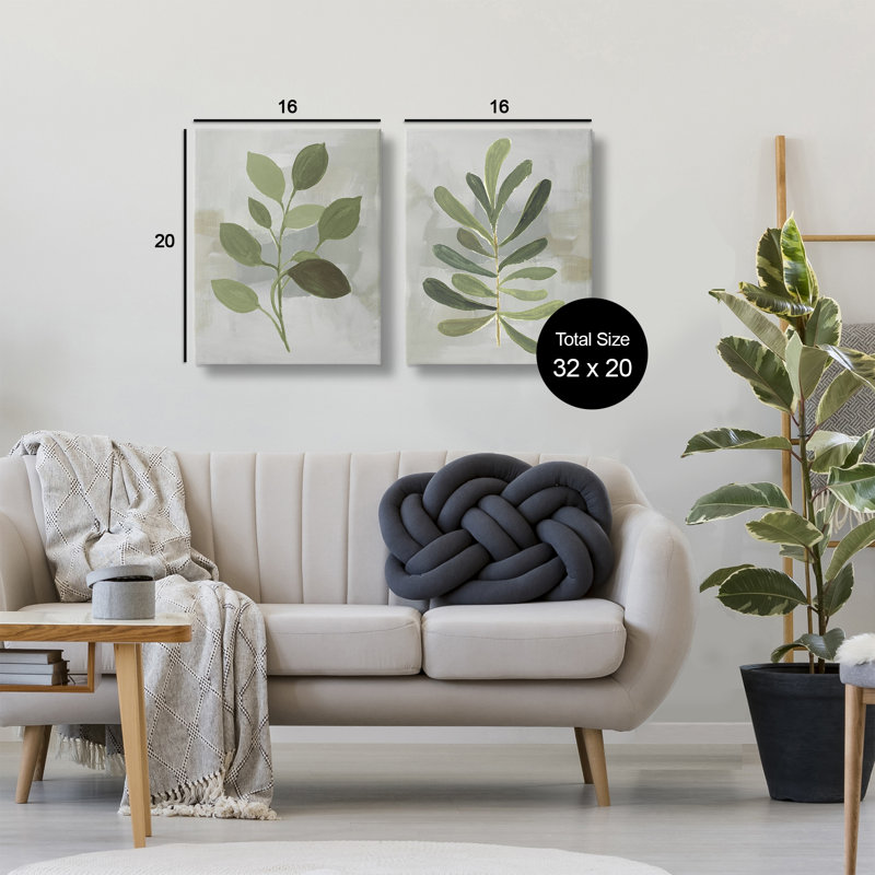 Ensemble de 2 feuilles sur fond gris Green Leaf Branches, design par Lanie Loreth, H 20 po x l 16 po