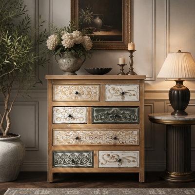 Vintage Wooden Accent Chest With 6 Drawers, Rustic Multicolor Carved Storage Dresser For Bedroom, Living Room, Farmhouse Style Decor (25.59" L X 12.6" W X 33.07" H)