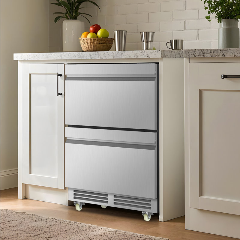 24-Inch Beverage Refrigerator Freestanding Or Built-In With Recessed Handle, Drawer Cooler, Under Counter, Locking Swivel Casters, Led Light, And Grid Organizer