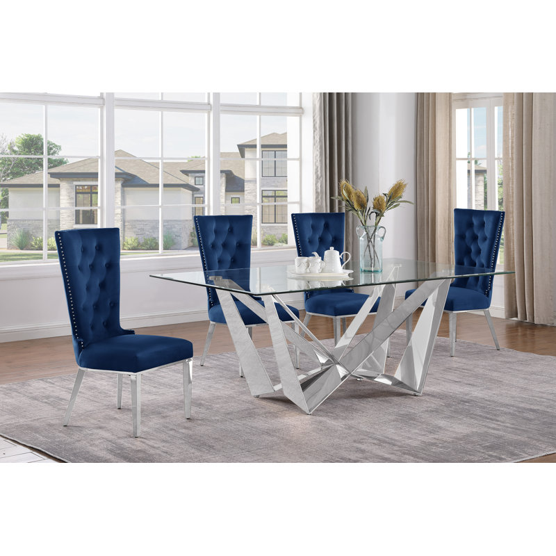 Lebanon Glass Top Trestle Dining Set, Navy Blue/Silver, 5