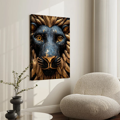 Ornate Black And Gold Lion Head Sculpture Art Large Gallery Wrapped Canvas Wall Art Print For Living Room Bedroom