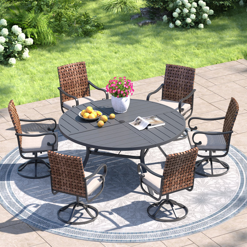 6-Person 50" Round Outdoor Dining Set With Cushioned Swivel PE Rattan Dining Chair, Gray