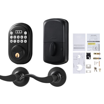 Keyless Entry Door Lock with Handle, Electronic Keypad Entry Lever, Password and Key Unlock Combination, Auto-Locking Keypad with Deadbolt, One-time Password, Matte Black, Designed for Front Door