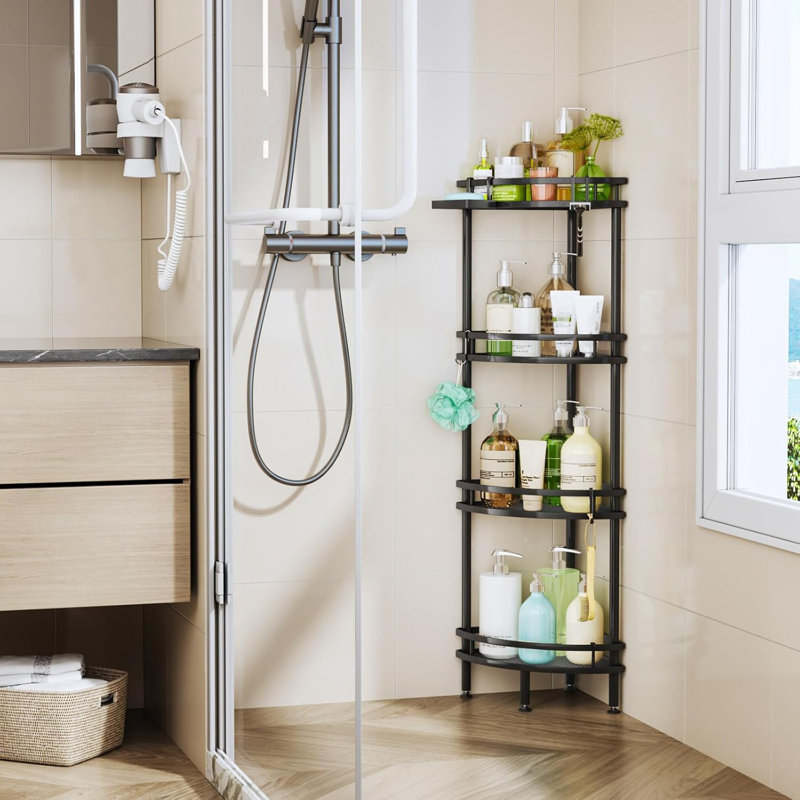 Organisateur de douche de coin à 4 niveaux avec porte-savon et crochets, tablette de salle de bain antirouille avec pieds réglables et support adhésif