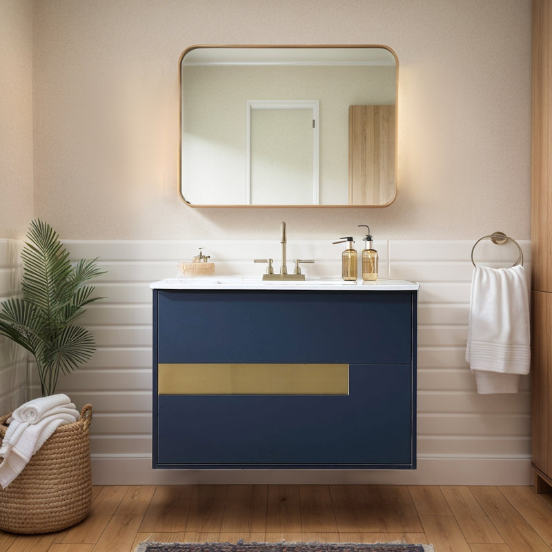Ensemble de meuble-lavabo mural simple bleu 36 po Hilda