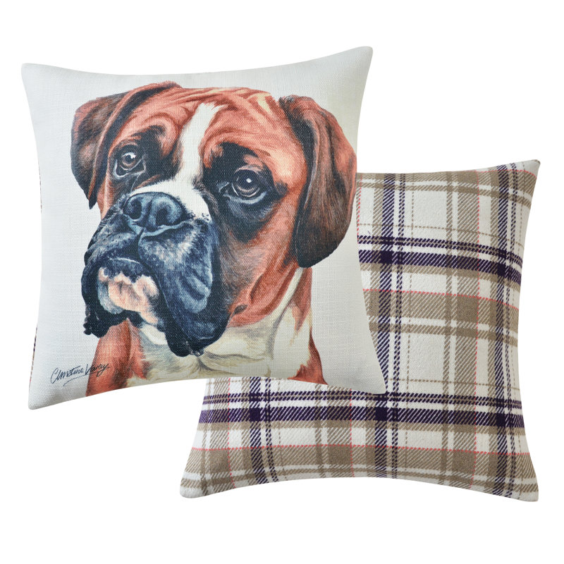 Boxer Dog Seat Cushion, Watercolour And Check Print. 43 X 43Cm