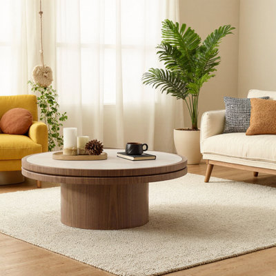 Élégante table basse ronde en noyer de 35,43 pouces avec plateau en pierre frittée - Design Mid-Century moderne pour le salon