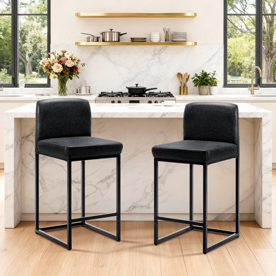 Modern PU Leather Bar Stools with Backrest, Comfortable Home Kitchen Counter Stool Chair by 17 Stories