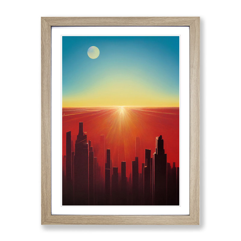 Beauteous City Skyline Abstract 1 Piece Single Picture Frame Wall Art, 64cm H x 46cm W x 2cm D, Oak Framed