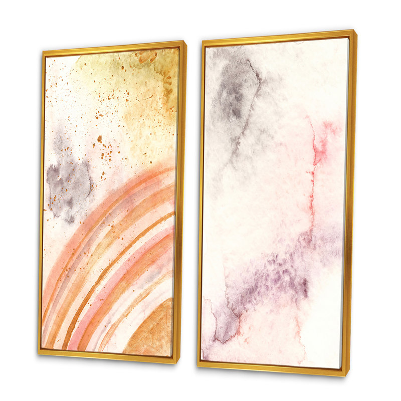 Pastel Green Orange Marble Art Ripples - Ensemble de 2 peintures sur toiles, H 40 po x l 40 po x P 1 po, Cadre flottant doré