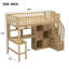 Lit mezzanine simple en bois avec bureau intégré, DEL, tablettes de rangement, armoires et escalier-255262850