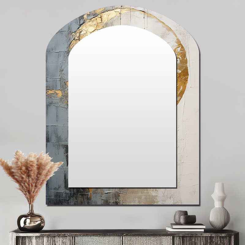 Minimalisme gris doré Moon Poteries - miroir asymétrique spirales abstraites, miroir mural décoratif en arche grise, impression d'art en métal