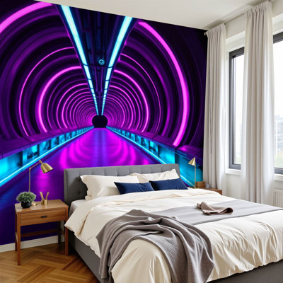 Neon Peel and Stick Wallpaper Futuristic Neon Tunnel Vibrant Pink Blue Lights Wall Murals 100"H x 144"W Removable PVC Wall Paper Self-Adhesive Wall Decor for Bedroom Living Room Home Office
