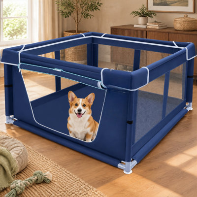 Puppy playpen with gate measuring 42x42 Inches, made for puppies or small dogs with thickened fabric and high-strength nylon wire mesh for a sturdy safety fence suitable indoors and outdoors.