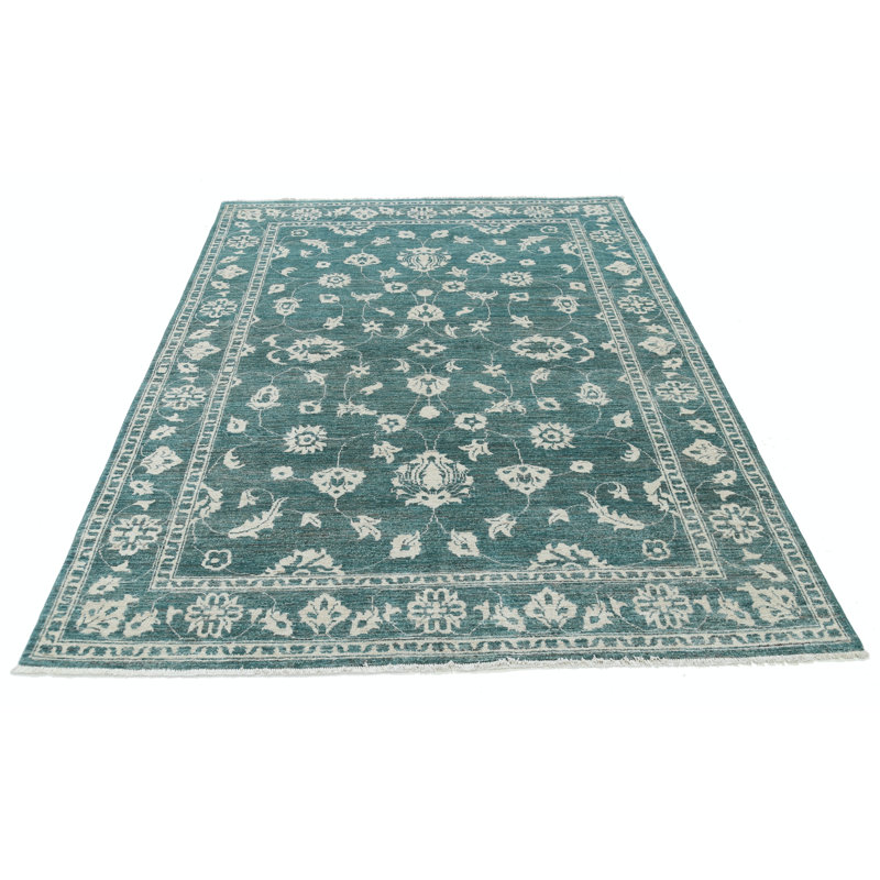 Tapis vert en laine noué à la main 5,7 x 7,6 pi avec motif floral All-Over