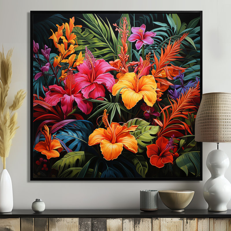 «Colorful Jungle Plants Dream» - art mural jungle, Cadre flottant noir, H 16 po x l 16 po