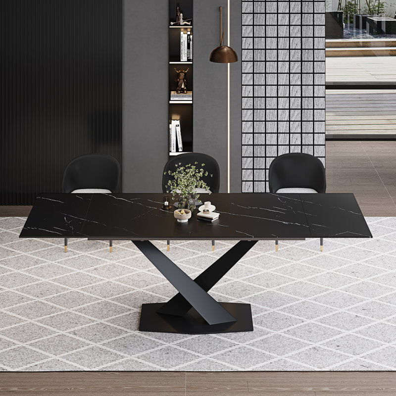 Table de salle à manger extensible de 63 à 94,5 po pour 8 à 10 personnes avec plateau rectangulaire en pierre frittée et base en acier
