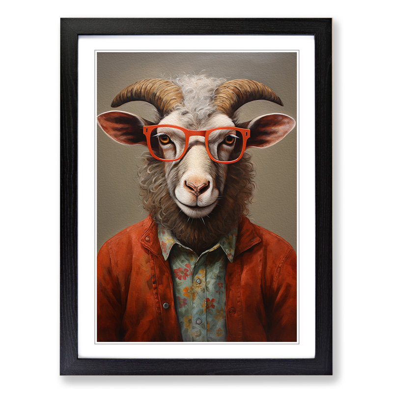 Ram Sheep with Glasses Painting - Framed Print, 64cm H x 46cm W x 2cm D, Black Framed
