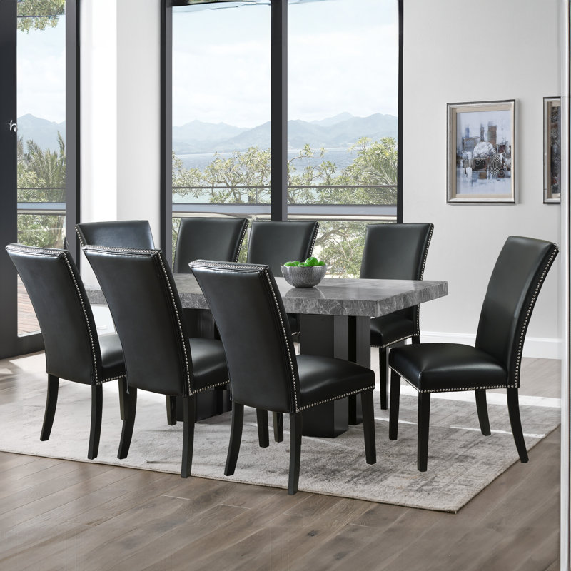 Anxhela Marble Top Four Leg Dining Set, 9 Pieces: Table, 8 Chairs, Black
