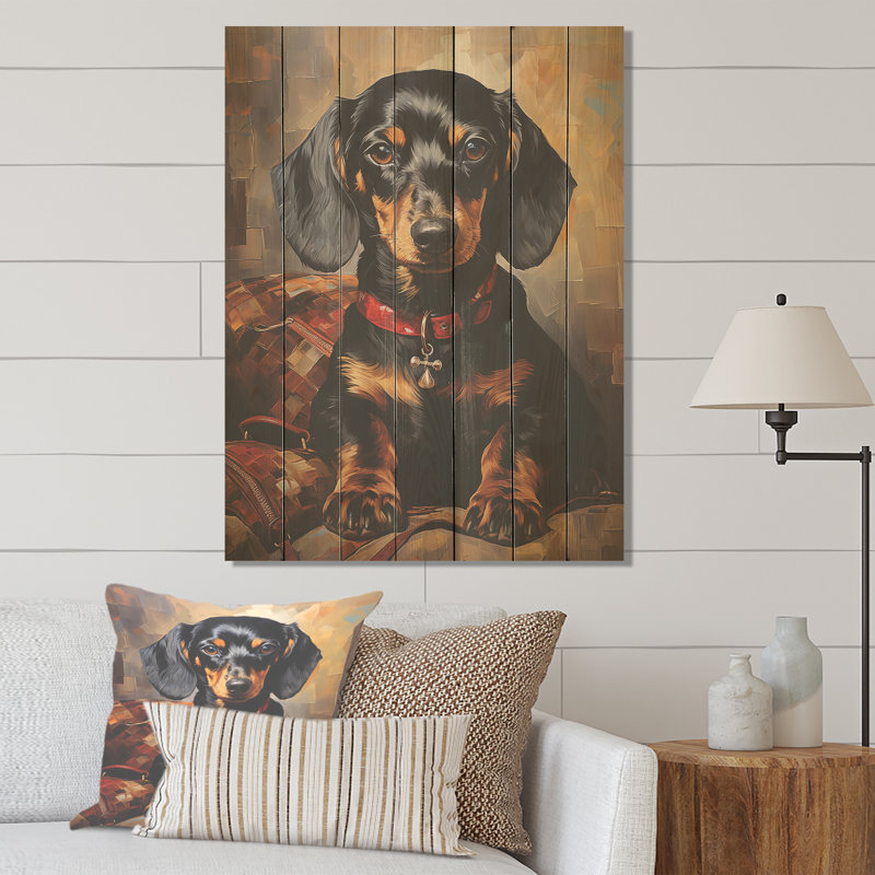 Portrait d'un mignon teckel - impression sur bois, H 20 po x l 10 po