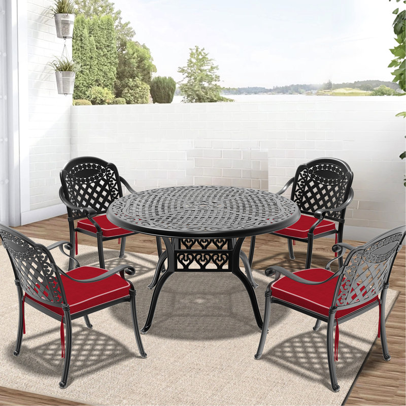 Table et chaise de patio en fonte d'aluminium - noire, résistante aux intempéries, avec coussins pour 4 chaises, confortable
