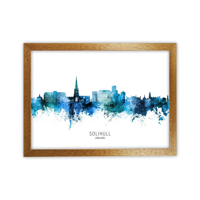 Solihull England Skyline Blue City Name by Michael Tompsett - Print, 64cm H x 88cm W x 3cm D, Oak Framed
