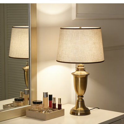 Antique Brass Table Lamp With Linen Shade (Set Of 2) Height: 68Cm / 26.7In