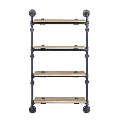 Étagère murale à 4 niveaux, finition chêne et noir sable, avec structure métallique à plusieurs niveaux, style tuyaux d'eau, placage, étagères de 58,5 cm de large, espacement de 30,5 cm, charge maximale de 4,5 kg.