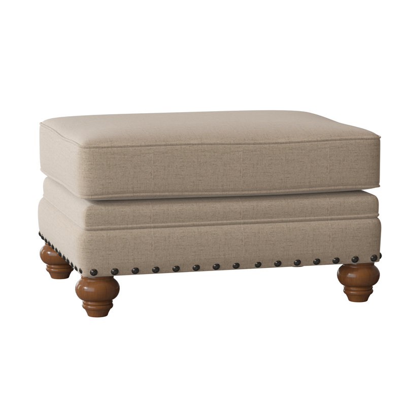 Spratt Upholstered Ottoman, Pecan, Craftwood 23 Navy Performance Chenille, Dark Brass