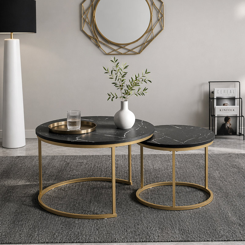 Ensemble de 2 tables basses gigognes 27,6 po, plateau de table rond en marbre et structure en métal robuste, tables d'appoint de table de bout pour le salon, la chambre et le balcon