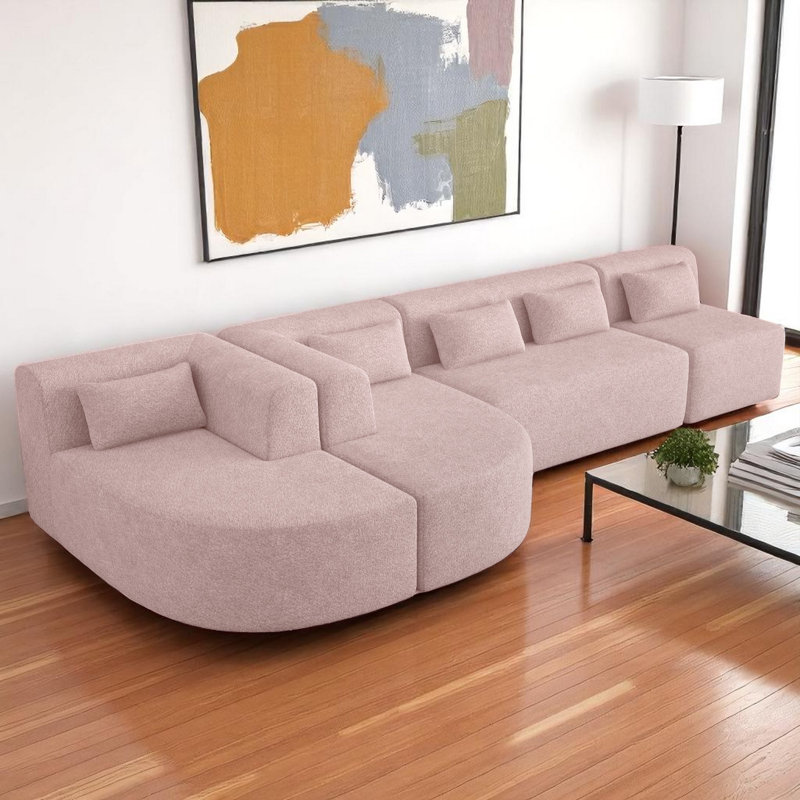 143.7" Upholstered Sofa Free-Combined Sofa Couch With 2 Chaise Lounge And 5 Back Pillows ,, Pink Polyester Blend