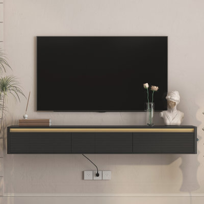 Meuble télé flottant, meuble télé mural avec lumières DEL et prise de courant, meuble télé cannelé pour meuble télé en bois de salon