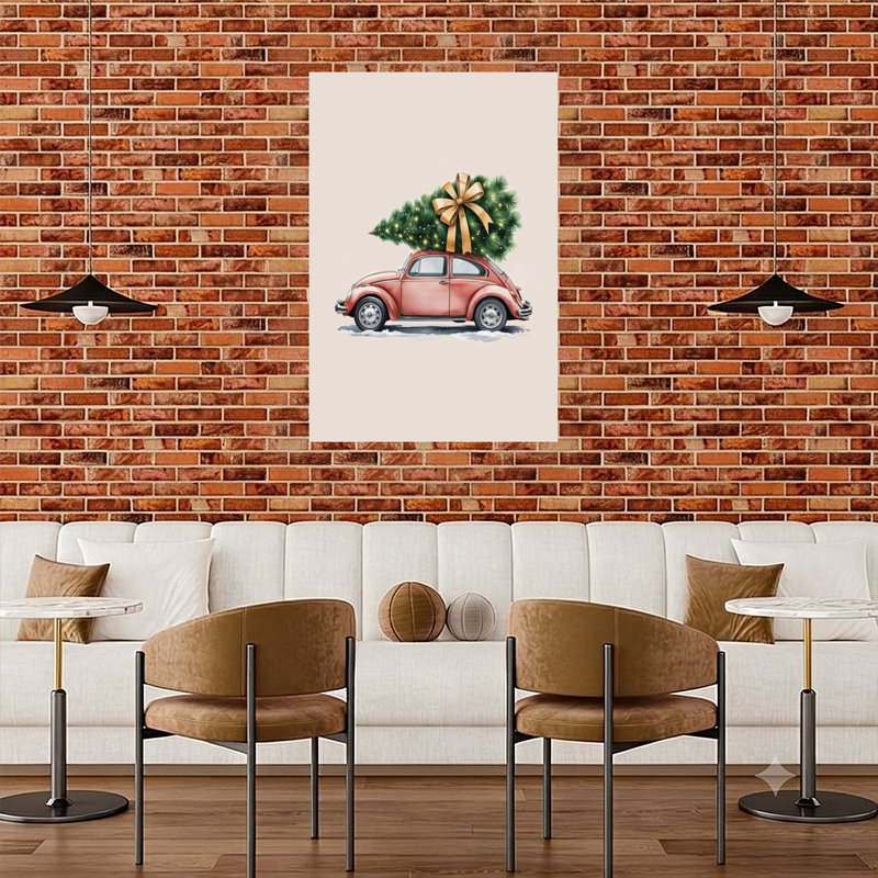 Coccinelle rouge, arbre de Noël rétro, rétro, arbre de Noël rétro, paysage d'hiver, reproduction d'art mural, 48" H x 32" W