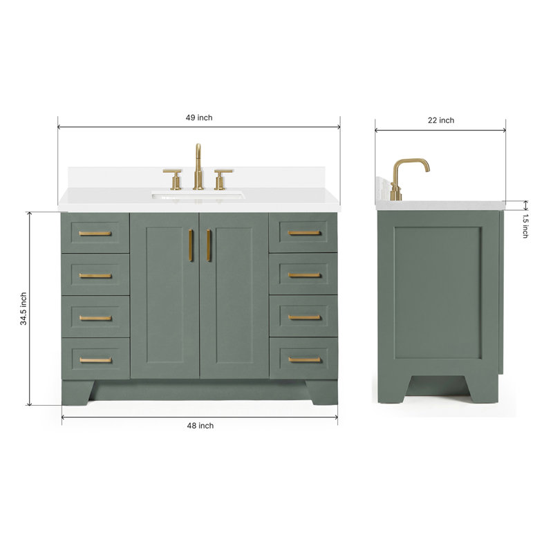 Freitas 48'' Solid Wood Single Bathroom Vanity, Rectangle, White Quartz, Vintage Green