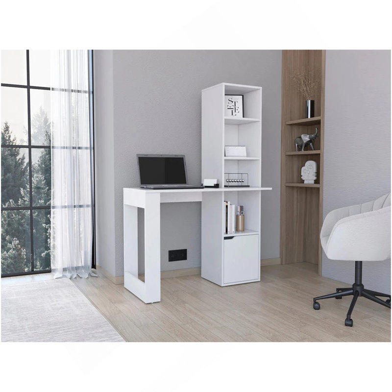 Bureau d'écriture avec bibliothèque et armoire, blanc, Blanc
